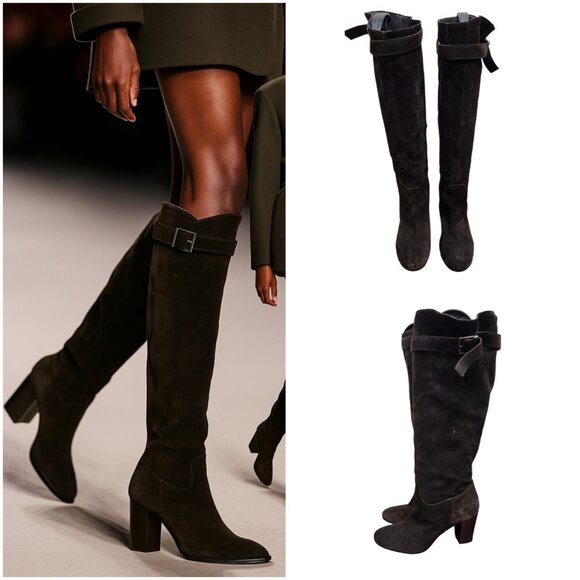 SAN FREDIANO Brown Suede Leather Knee High Heeled Boots US 7 Made In Italy - Picture 1 of 16
